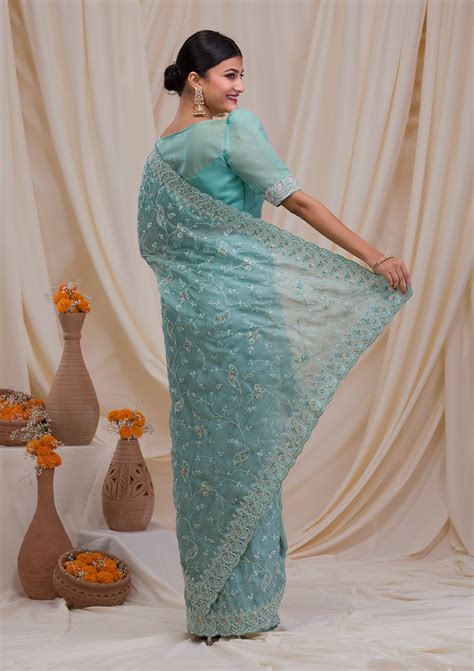 Buy Sea Green Stonework Net Saree - Koskii