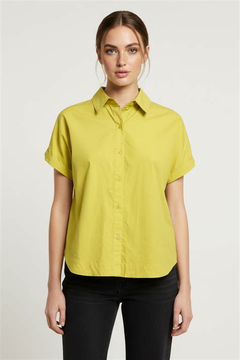 Women’s Lime Green Short-Sleeve Cotton Shirt – Button-Down, Relaxed Fi
