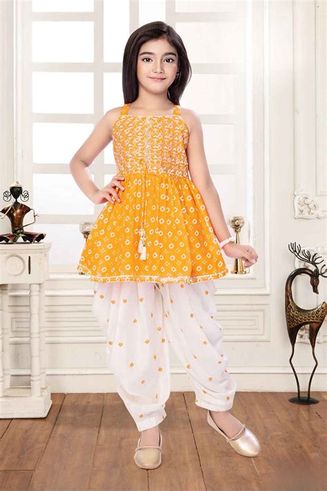Yellow Bandhani Printed And Embroidered Top With Dhoti Set For Girls ...