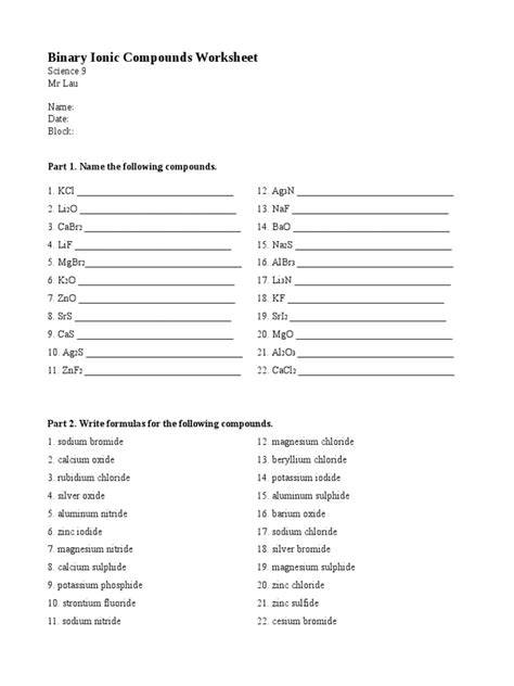 Image result for Binary Ionic Compounds Worksheet