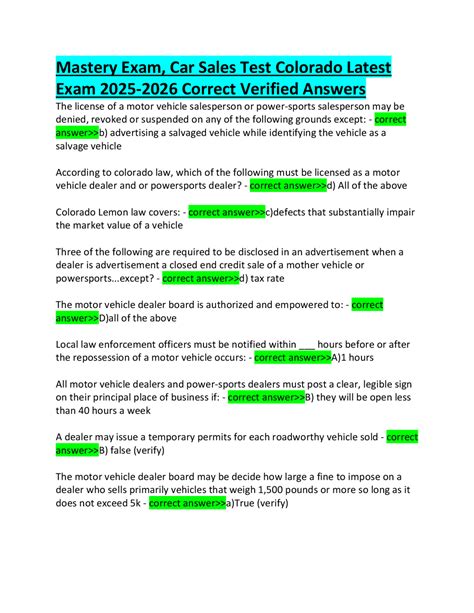 Colorado Motor Vehicle Sales Exam 2025-2026: Key Regulations and ...