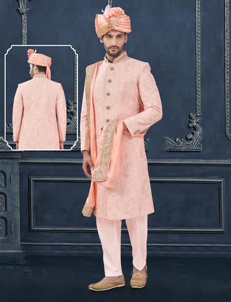 Angasudha Product Description for Peach Heavy Sherwani Set – Angasudha.com