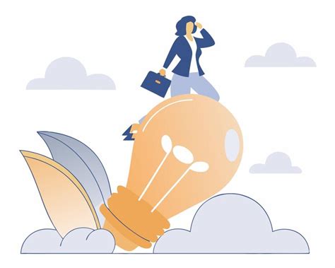 Cartoon of businesswoman leader riding flying bright lightbulb lamp ...