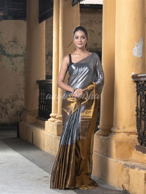 Silver Grey & Gold Handloom Tissue Saree – angoshobha
