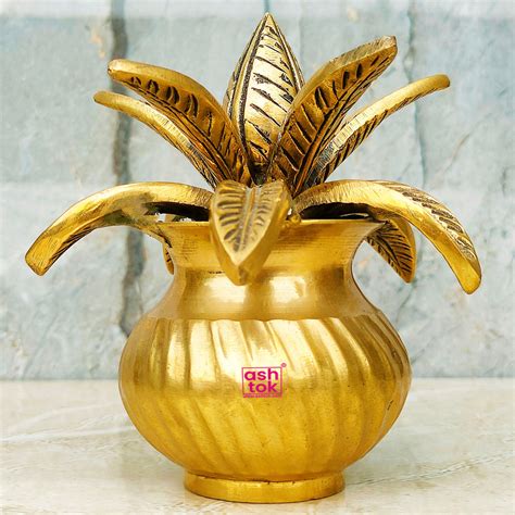 Antic Brass Coconut Design Kalash with Leafs, Kalash for Puja, Brass P ...