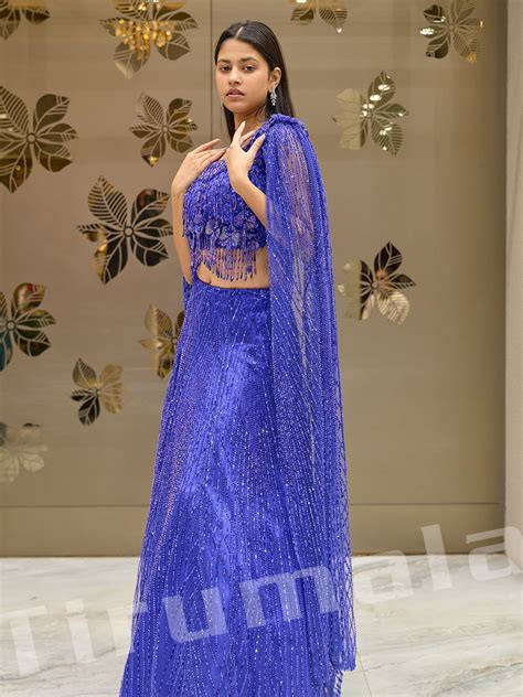 Royal Blue Sequin Net Lehenga Set With Embroidered Cap-Sleeve Blouse ...