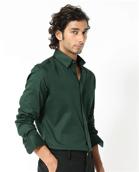 Rare Rabbit Men's Holand Dark Olive Satin Plain Regular Fit Full Sleev