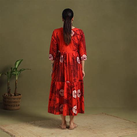 Red Tie-Dye Cotton Tiered Shibori Dress