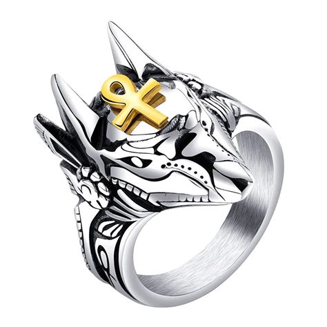 Mens Stainless Steel Ancient Egyptian God Anubis Amulet Ring Gold ...