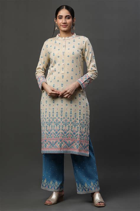 Buy Off-White Floral Printed Winter Kurta and Pants Set Online for ...
