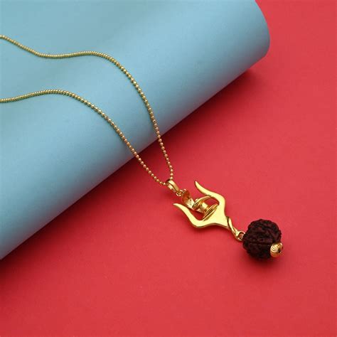 Gold Color Sacred Trishul Shiva Rudraksha Mala Chain Necklace For Men ...