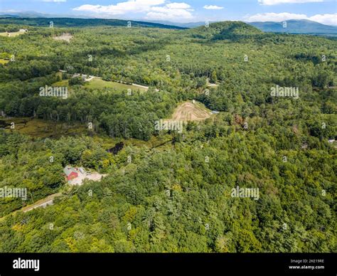 An aerial view of a forest with a modern custom new England colonial ...