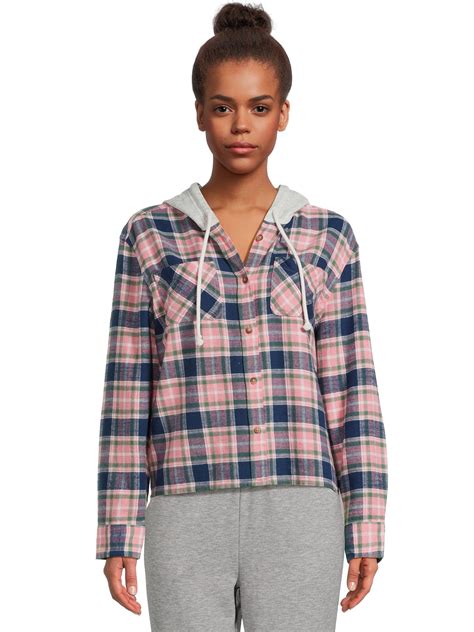 Time and Tru Women's Hooded Crop Flannel Shirt, Sizes XS-XXXL - Walmart.com