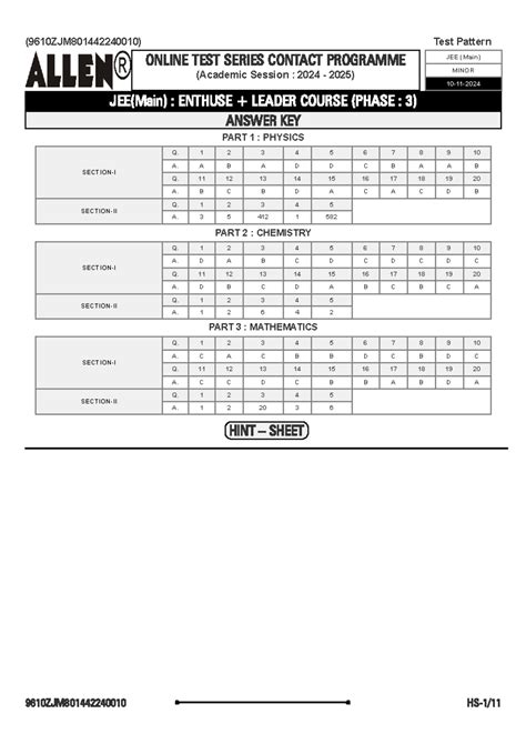 (9610ZJM) JEE (Main) Minor Test Series Answer Key & Solutions - Studocu