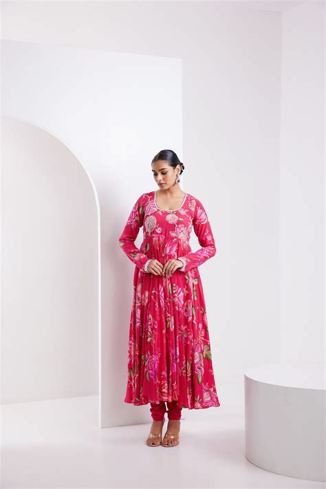 Kamal Hot Pink printed Anarkali with Chooridar and Dupatta- Set of 3 ...