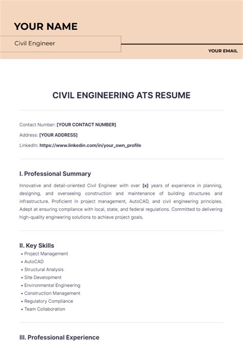 Free Civil Engineering ATS Resume Template to Edit Online