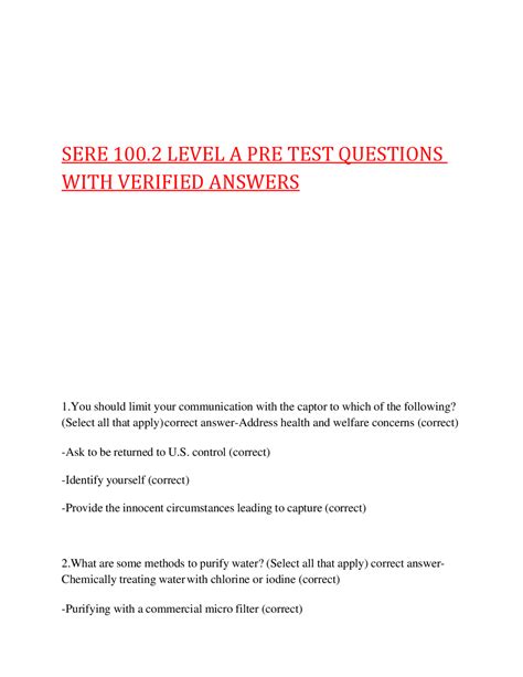 SERE 100.2 LEVEL A PRE TEST QUESTIONS WITH VERIFIED ANSWERS | Exams ...