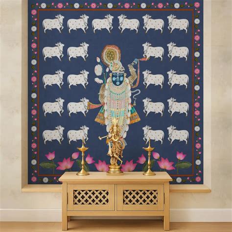 Pichwai Shrinathji Room Wallpaper With Cows Blue | Life n Colors
