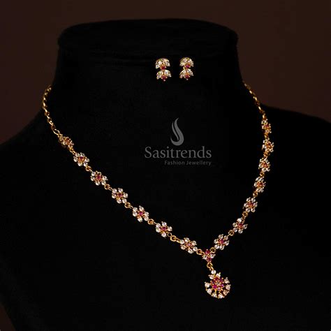Micro Gold Floral Design American Diamond Necklace Set - Sasitrends
