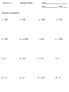 Image result for Imaginary Numbers Worksheet with Answers