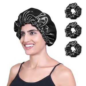 Buy GLUN® Hair Bonnet Cap with 3 Satin Scrunchies Black Colour Combo ...