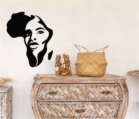 Vinyl Wall Decal Africa Continent Map Black Woman Face Silhouette Stic — Wallstickers4you
