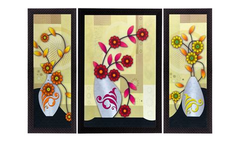Set Of 3 Geometrical Floral Satin Matt Texture UV Art Painting ...