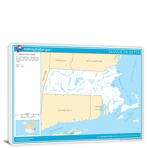 Massachusetts-National Atlas Rivers and Lakes Map, 2022 - Canvas Wrap