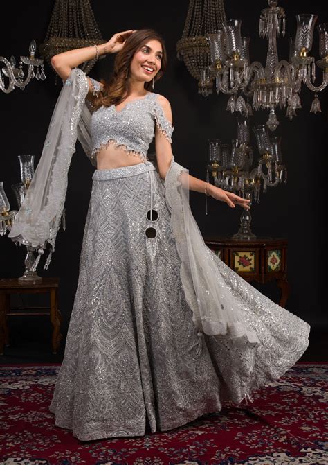 Buy Grey Mirrorwork Net Readymade Lehenga - Koskii