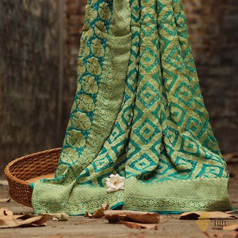 Turquoise Ombr√© Pure Georgette Banarasi Bandhani Handloom Saree - Tilfi