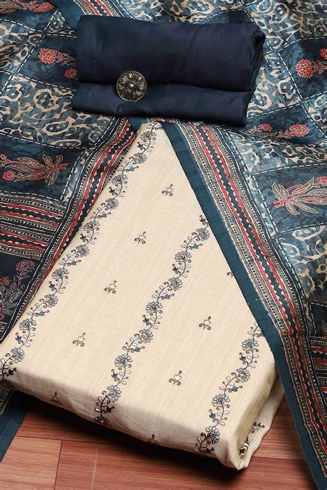 Buy Off-White and Blue Chanderi Machine Embroidered Unstitched Suit Set ...