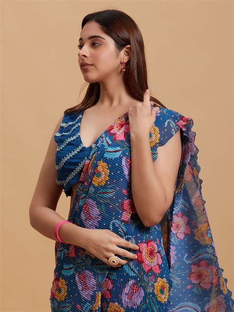 Buy Navy Blue Pleated Saree | VJ119JULY101/S/NAVYBLUE/VJ119JULY | The loom