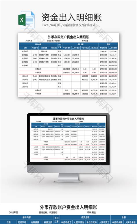 外币存款账户资金出入明细账Excel模板_千库网(excelID：136198)