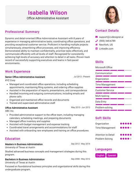 14 Office Administrative Assistant Resumes Example for 2025: Tips to Stand Out - CVDesigner.ai