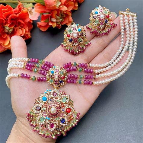 Real Stones Navratna Necklace | 22k Hallmark Jadau Jewellery