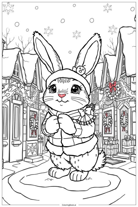Winter Bunny Christmas Village-2 Coloring Page (Free PDF&PNG Printable)