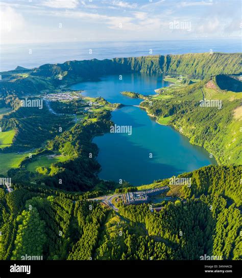 Aerial View of Volcanic Lake Lagoa Verde, Sao Miguel Island, Sete ...