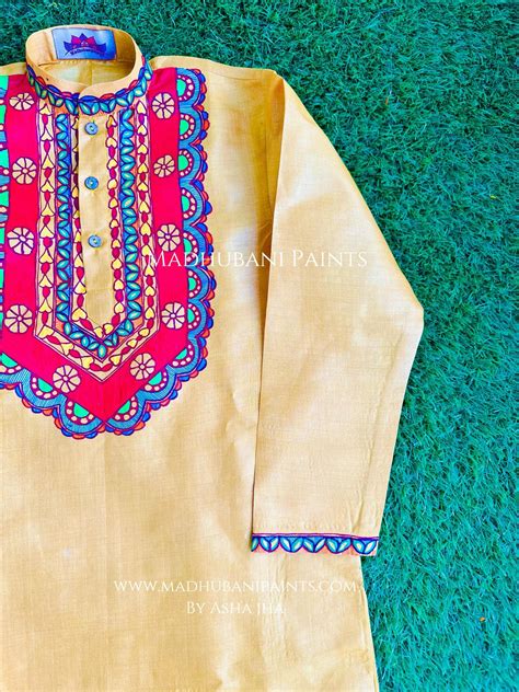 Laal Bharni Hand-painted Yellow Madhubani Men's Tussar Silk Kurta ...