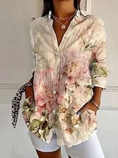 Women's Shirt Cotton Linen Shirts Button Up Blouse Floral Geometric ...