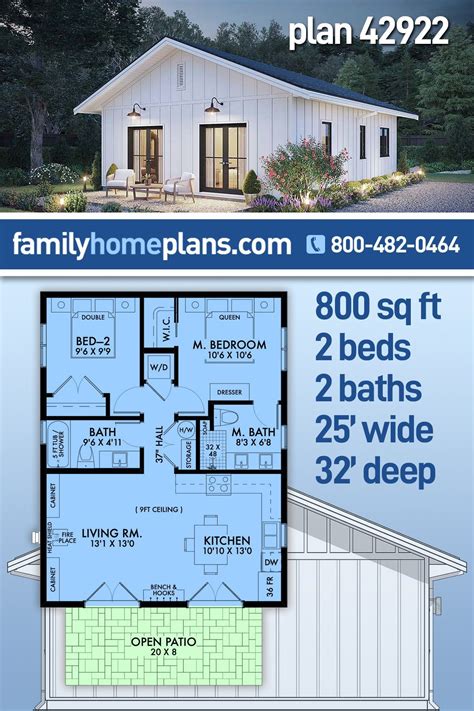 Plan 42922 small ranch home floor plan with two bedrooms and two ...