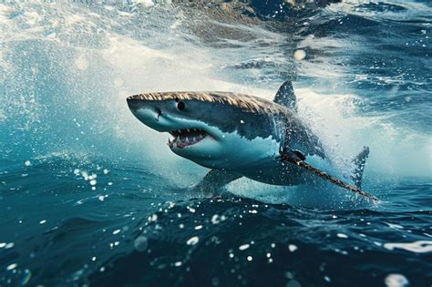 A great white shark as it breaches the ocean surface while hunting ...