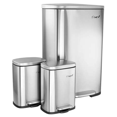 Elama 3 Piece 13 Gallon and 1.3 Gallon Stainless Steel Step Trash Bin ...