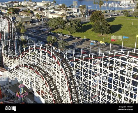 Aerial view of iconic Giant Dipper roller coaster in Belmont Park, an ...