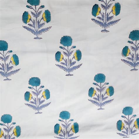 Pure Cotton Jaipuri White And Blue Flower Motif Hand Block Print Fabri ...