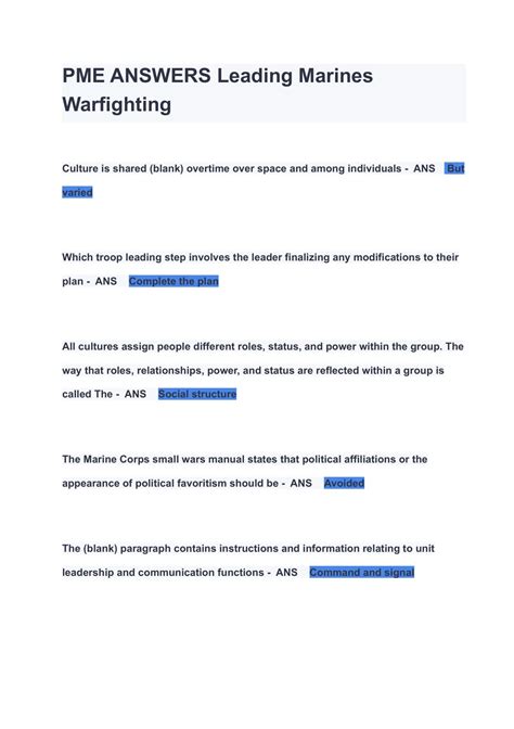 PME ANSWERS Leading Marines Warfighting QUESTIONS& ANSWERS ( A+ GRADED ...