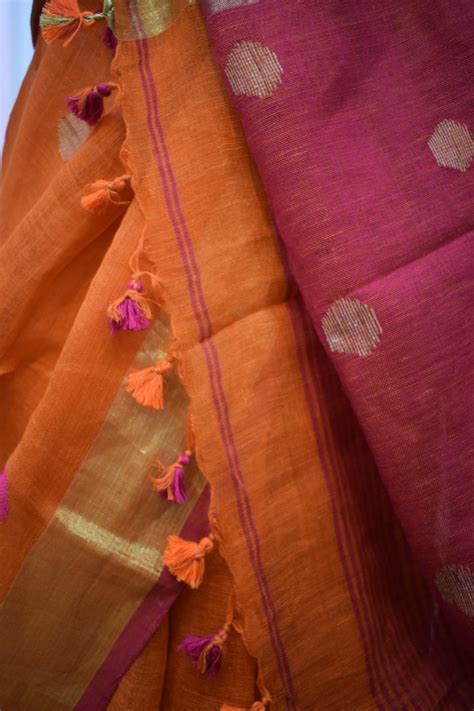 Agneya: Orange Linen Jamdani Saree – Ādhyavi