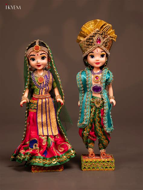 Radhe Krishna Couple - Golu Display Doll - Pink & Green - KF04117