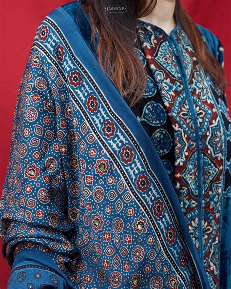 Ajrakh hand block printed velvet silk panel cut salwar set with cutbea ...