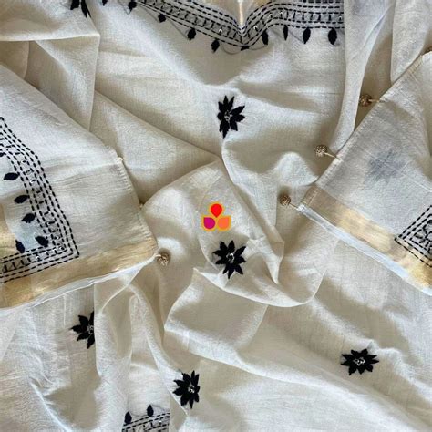 Elegant Ivory Handloom Cotton Dupatta with Black Thread Embroidery ...