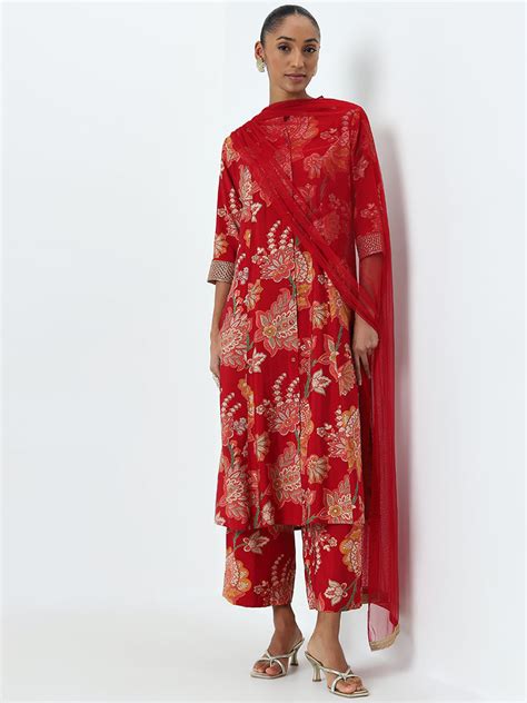 Buy Vark Red Floral A-Line Kurta, Palazzos and Dupatta Set from Westside